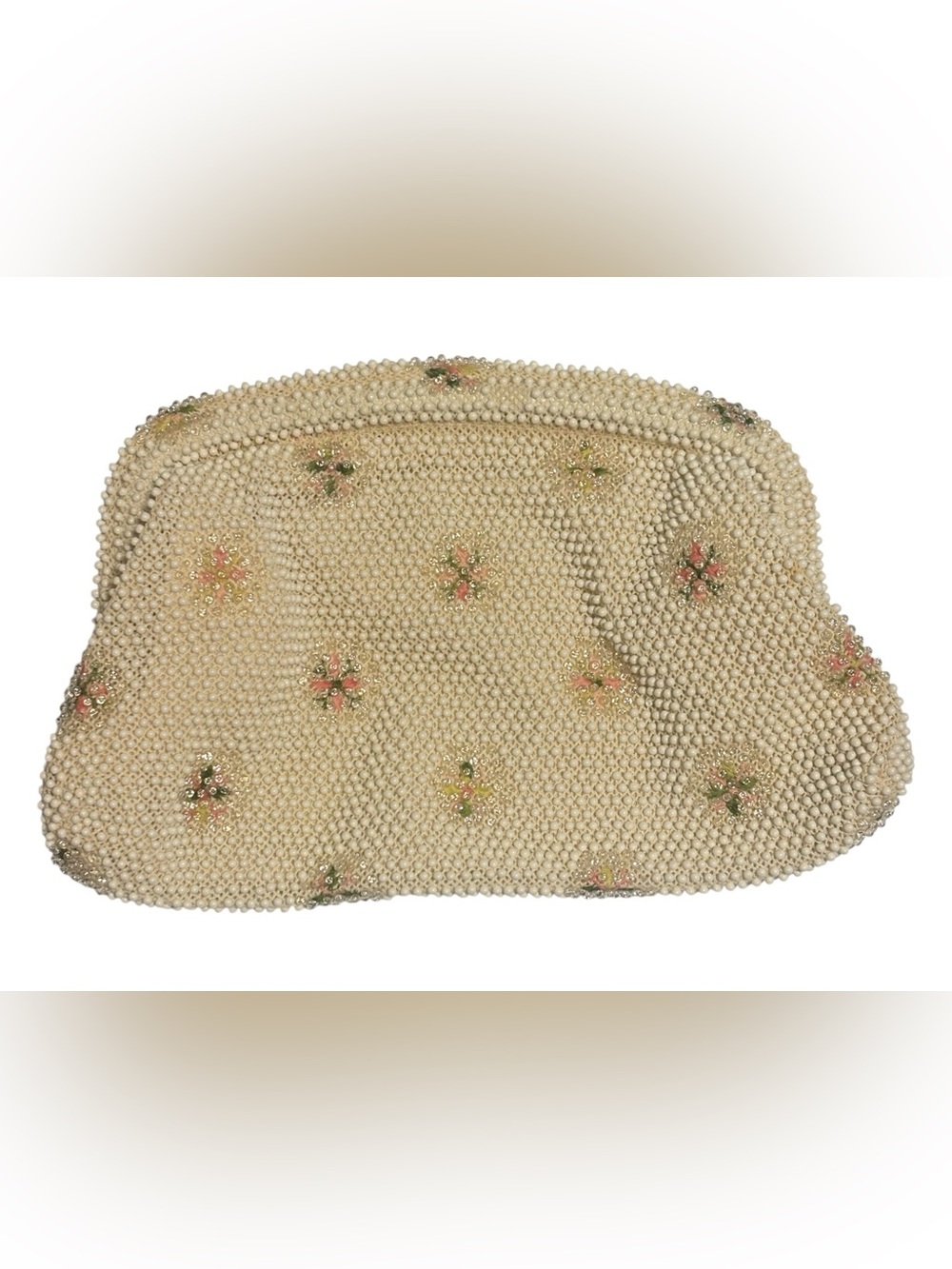 Lumured Vintage Corde Bead Embellished Cream Floral Evening Clutch bag from 50’s